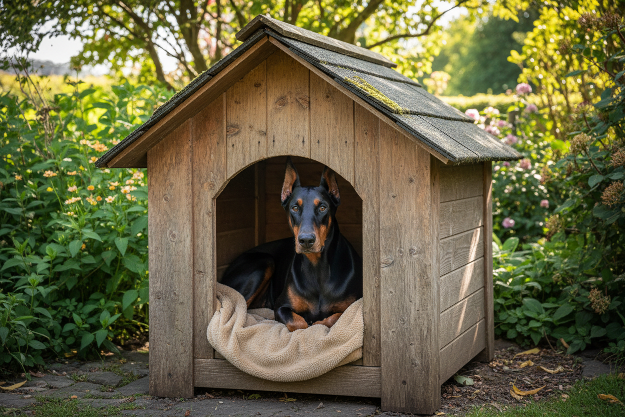 Cane dobermann in una cuccia 
